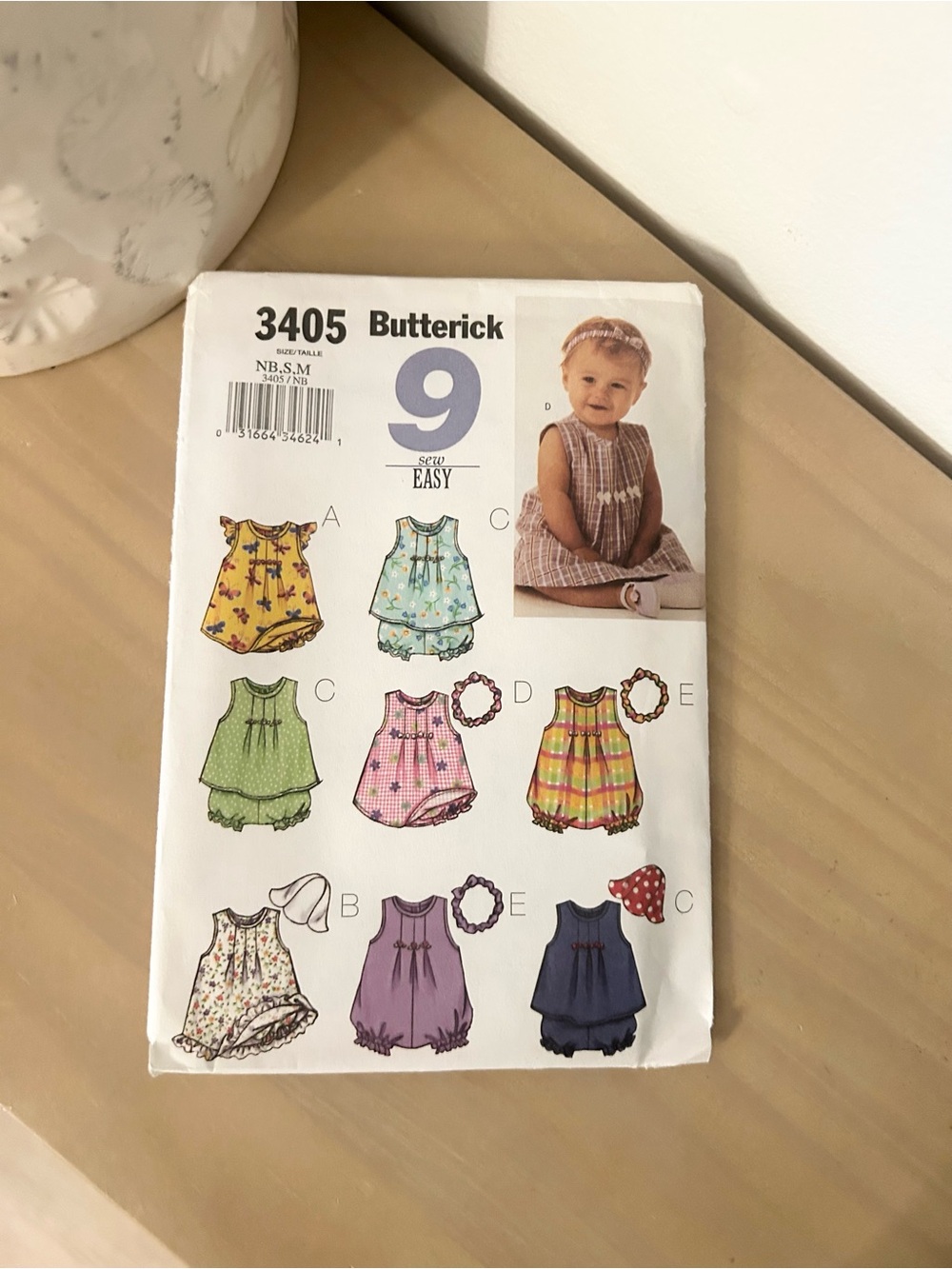 Vintage Butterick B3405 Infant Dress, Top, Romper, Hat, Headband Sewing Pattern